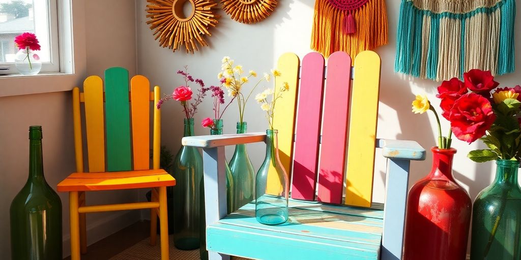 Upcycled home decor items arranged in a lively setting.
