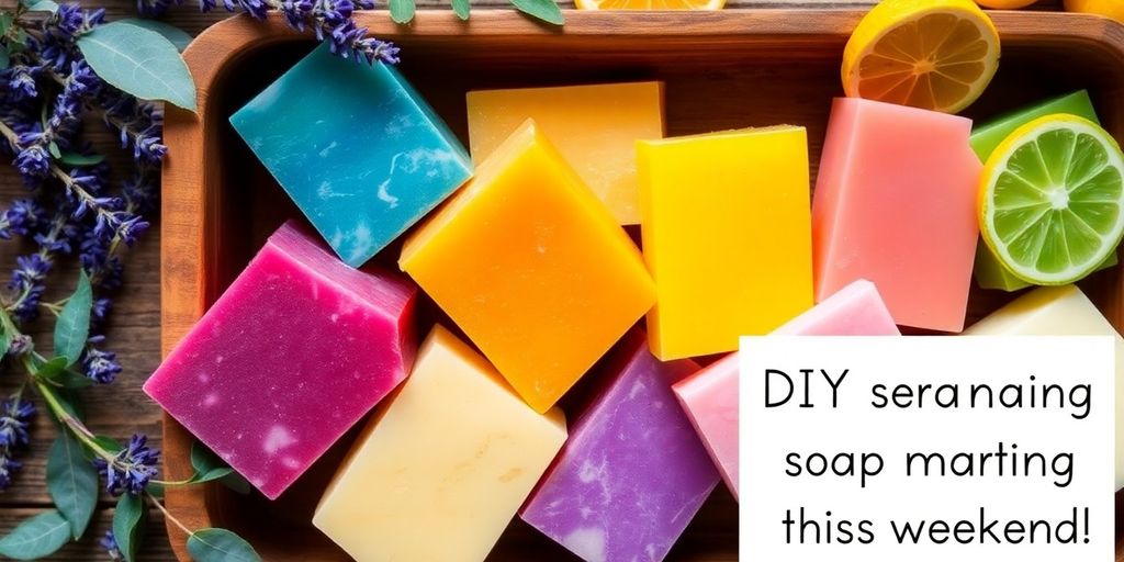 Colorful homemade soaps with natural ingredients in a tray.