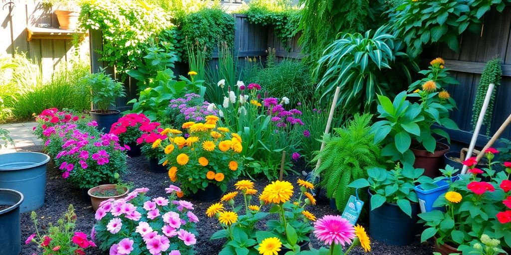 A thriving backyard garden with colorful flowers and vegetables.