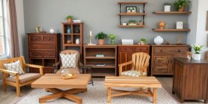 Various DIY wood furniture projects in a stylish home setting.