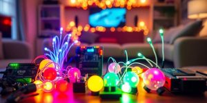 Colorful Arduino projects in a cozy living space.