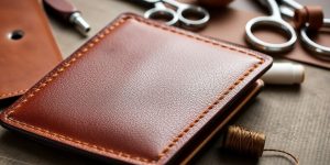 Close-up of a handcrafted leather wallet with tools.