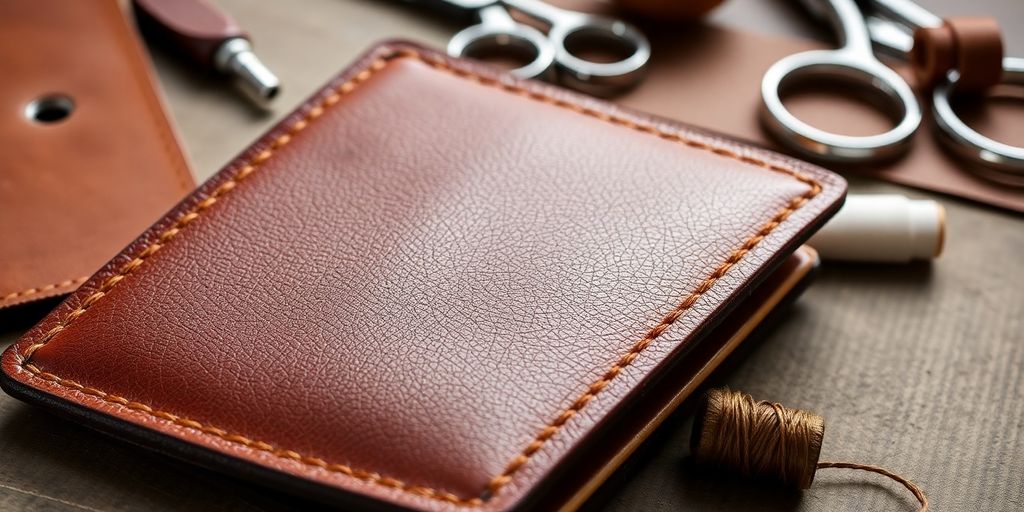 Close-up of a handcrafted leather wallet with tools.