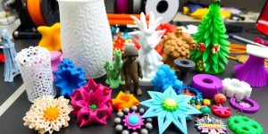 Colorful 3D printed crafts on a worktable.